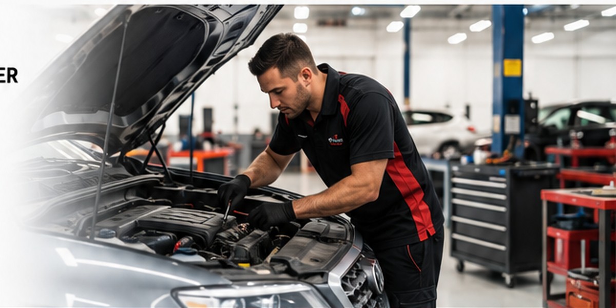 Automotive technician working on a vehicle in a modern workshop